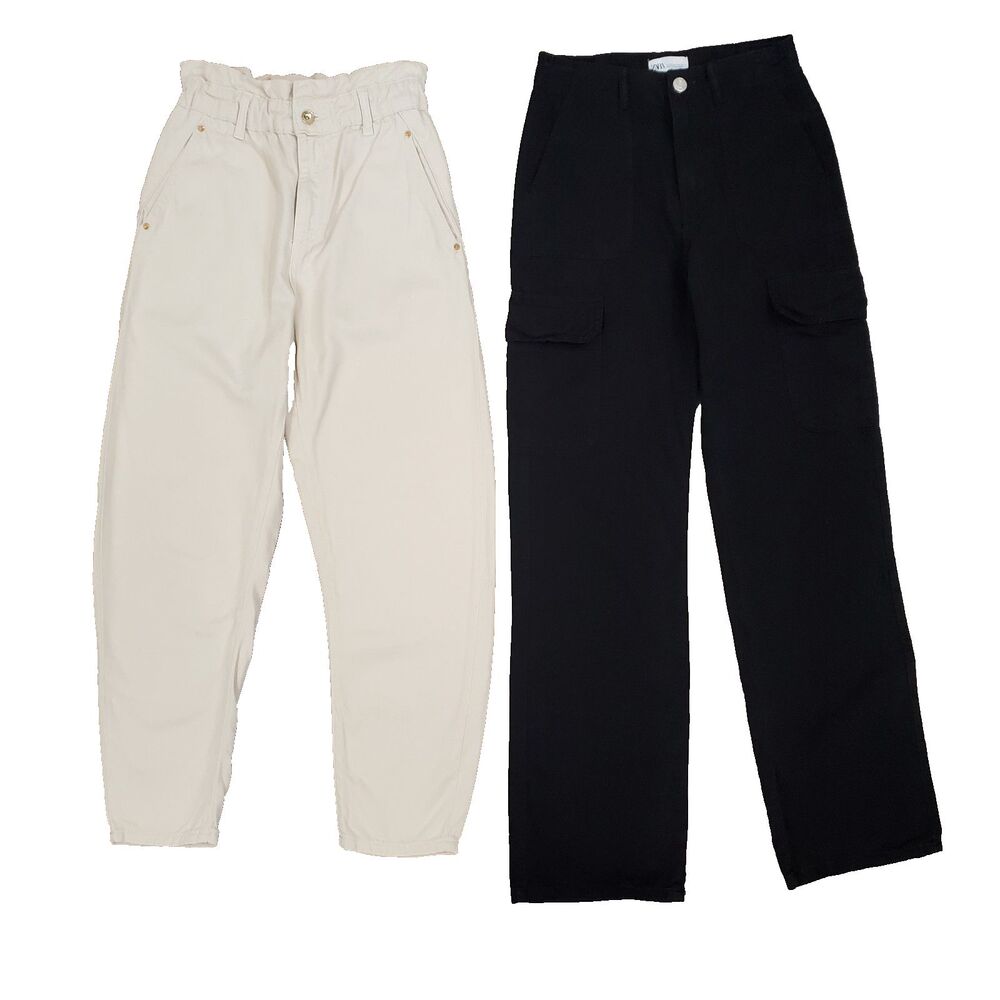 Zara Lot of 2 Baggy Cargo Paperbag Barrel Pants 2 Cream Black High Rise 90s Y2K